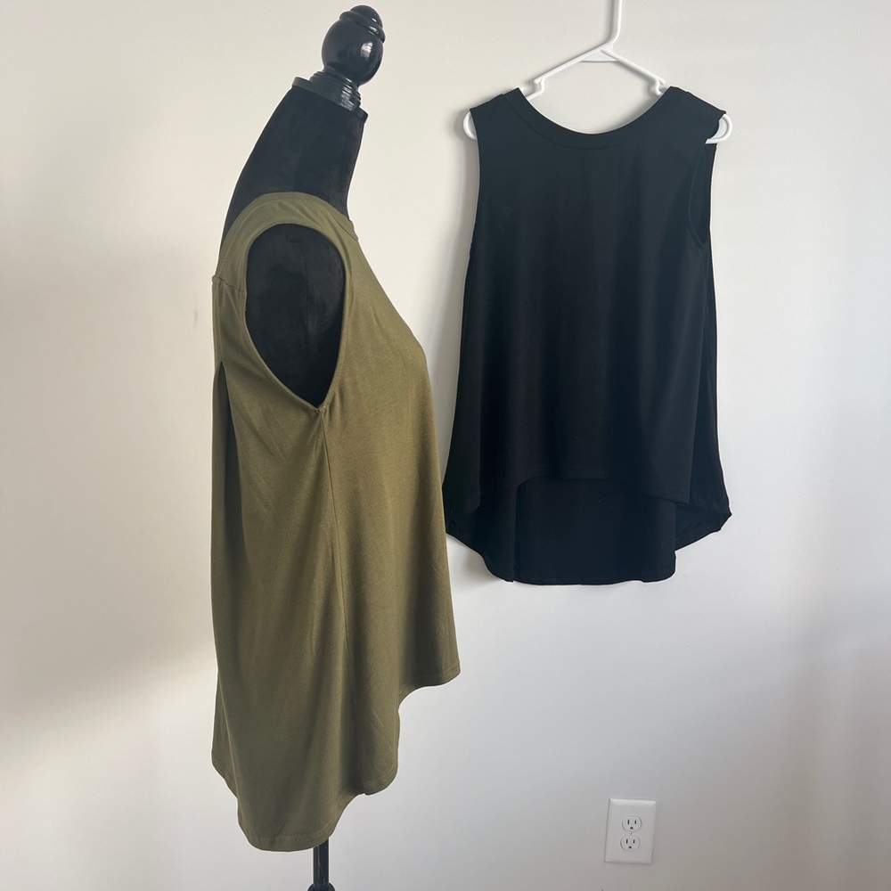 Two Sleeveless Olive and Black Hi-Lo Hem Women's Baggy Tops,Perfect Over Legging - Picture 3 of 10